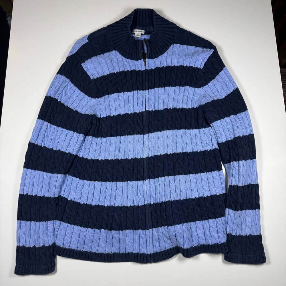 LL Bean Blue Striped Cable Knit Full Zip Mock Neck Sweater 2x